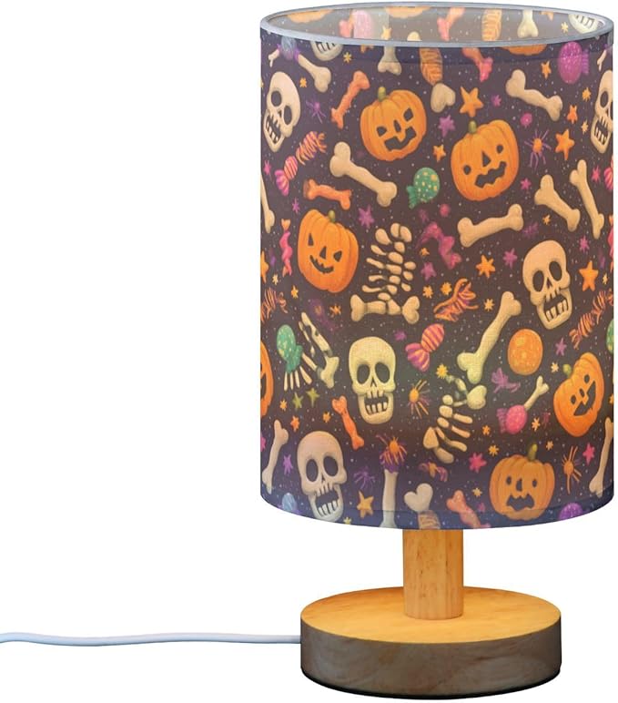 Aslsiy Halloween Bones Candies Pumpkin Bedside Table Lamp Nightstand Lamp Night Light Fabric Shade for Bedroom Living Room Home Office