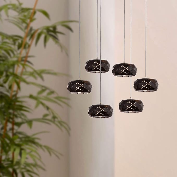 Crust 6 Mini Pendant Lighting Black - LED Hanging Light Fixture for Kitchen Island, Bar, Foyer - Cluster Pendants - Dimmable, Adjustable Wire, Lamp Bulb Included