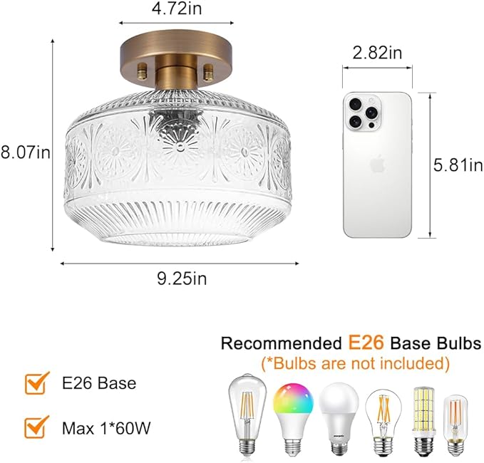 DSMJFU Semi Flush Mount Ceiling Light, Vintage Small Ceiling Light Fixture, Thickened Glass Hallway Lighting Fixture, Brass Kitchen Ceiling Mount Light for Entry Way, Bedroom, Bathroom, Porch