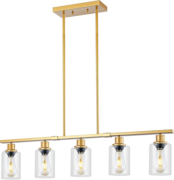39.4" Kitchen Island Lighting, 5 Lights Clear Glass Pendant Light Fixtue, Golden Linear Metal Chandelier for Dining&Living Room Foyer,Height Adjustable,E26 Socket