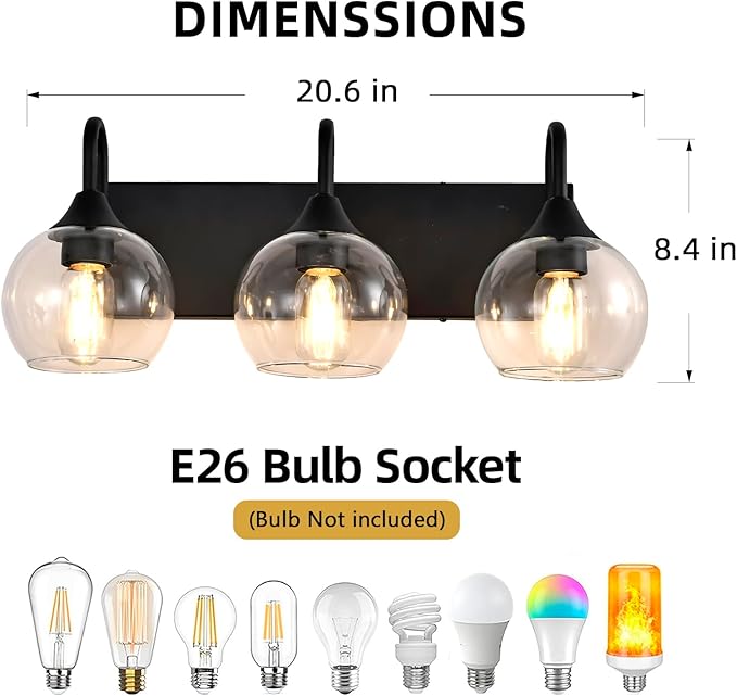 Bathroom Light Fixtures, 3-Light Matte Black Vanity Light Over Mirror, Modern Wall Sconces 21" with Clear Glass Globe Shade, Bathroom Wall Lights for Mirror Kitchen Bedroom Hallway
