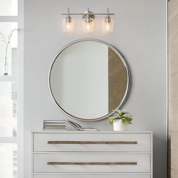 Bathroom Vanity Light Fixtures, 3-Lights Over Mirror Modern Vanity Lighting with Clear Wine Glass Shade Wall Lamp for Bedroom Hallway Living Room (Nickel, 3-Light)