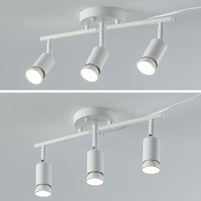 3 Light White Plug in Track Light White Plug in Ceiling Lighting Fixture with 16.4' Long Cord,3 Way Ceiling Spotlight,Rotatable Wall Mount Light Head