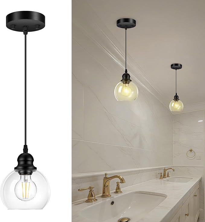 Pendant Lights Kitchen Island, Black Pendant Light with Glass Lampshade, 71 Inch Adjustable Hanging Lamp for Kitchen Living Room, Modern Farmhouse Industrial Ceiling Lighting Fixture(E26 Base,No Bulb)