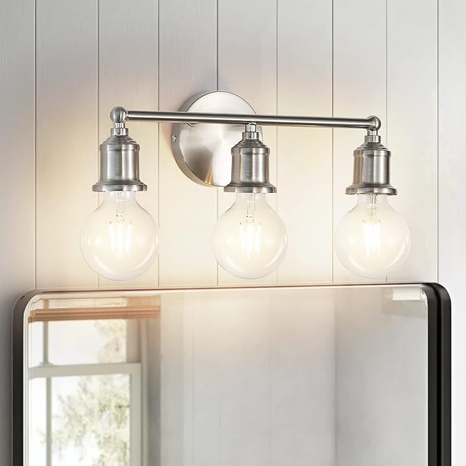3-Light Vanity Light Fixture, Modern Brushed Nickel Wall Sconce Light Fixture, Farmhouse Silver Bathroom Wall Lighting for Over Mirror, E26 Base Wall Lamp for Bedroom (Bulb Not Included)