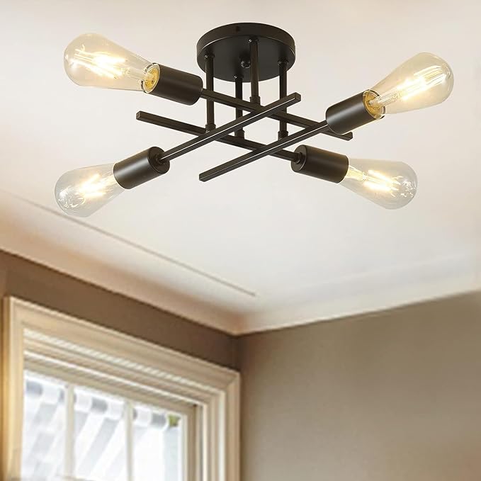 Modern Semi Flush Mount Ceiling Light Fixture,4-Light Farmhouse Light Fixtures Ceiling Mount,Industrial Chandelier Ceiling Lamp for Living Room Bedroom Kitchen Hallway,Bulb Not Included(Black)