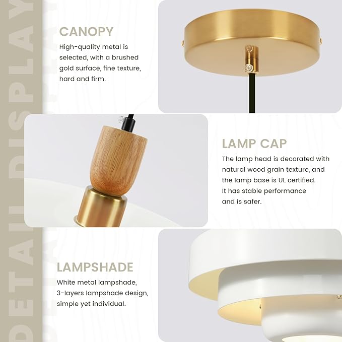 Mid Century Pendant Light with Wood & Brass, 3-Layer White Metal Shade, Nordic Flush Mount Ceiling Lamp for Kitchen Table Over Sink, Vintage Hanging Fixture