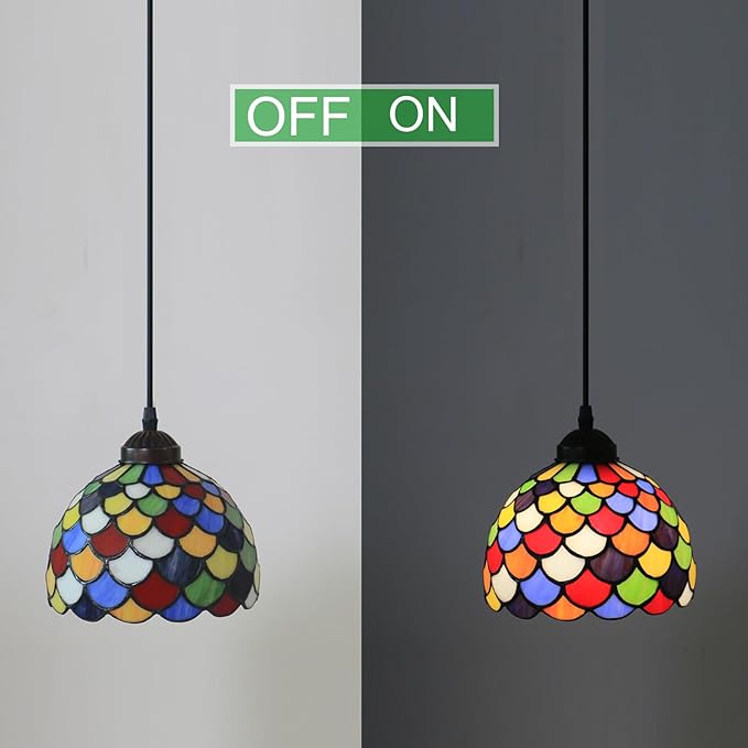 Stained Glass Hanging Lamp 8 Inch Hanging Ceiling Lights Tiffany Art Deco Lamp for Dining Room Kitchen Island Home Farmhouse Hallway