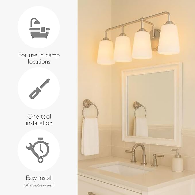 Design House Stasia Vanity Light, 4-Light, Sleek Modern Arms, Frosted Glass Glow, Dimmable, Dual-Mount Option, E26 Socket, Satin Nickel, 33.6 in L x 6.7 in W x 10.9 in H, 589309