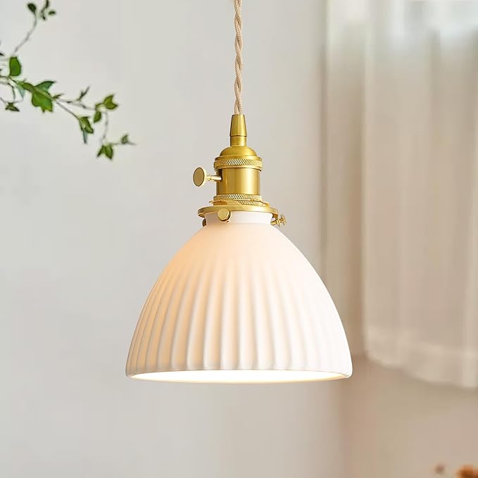 White Ceramic Pendant Lights Kitchen Island Brushed Brass Dome-Shaped Lampshade Modern Minimalist Industrial Hanging Light Fixture for Living Room Bedroom Dining Room Over Table