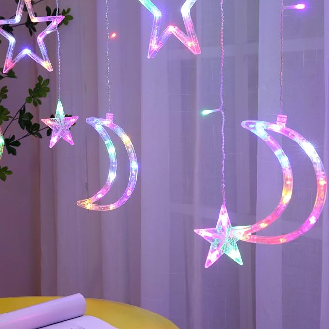 138 Led Curtain String Light Star Moon Icicle Light with 8 Lighting Modes with Timer Remote USB Operated Dimmable Fairy String for Window Wall Home Decoration