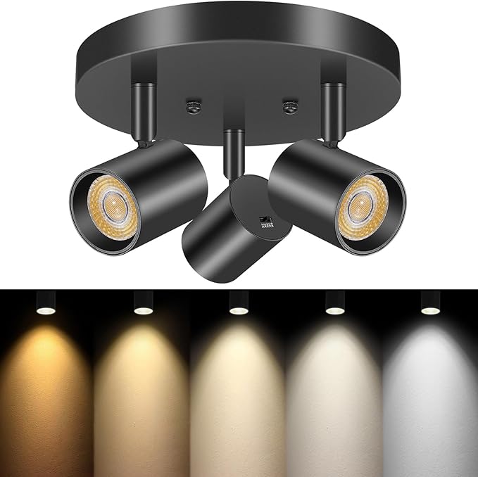 VANoopee 5 Color 3 Light LED Ceiling Spot Light Indoor Flush Mount Directional Adjustable Spotlight Fixtures Close to Ceiling for Kitchen Hallway Modern LED Track Lighting Kit Dimmable 30W Matte Black