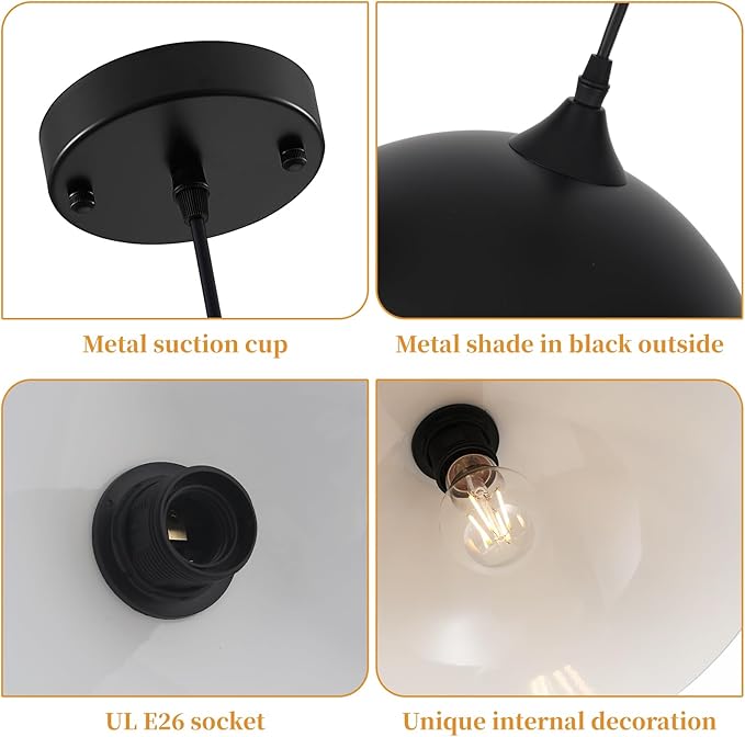 Farmhouse Pendant Lights Kitchen Island, 11.8 inches Black and White Pendant Light Fixtures, Black Dome Pendant Light, Modern Pendant Lights for Kitchen Island Dining Room Bedroom, 1 Pack