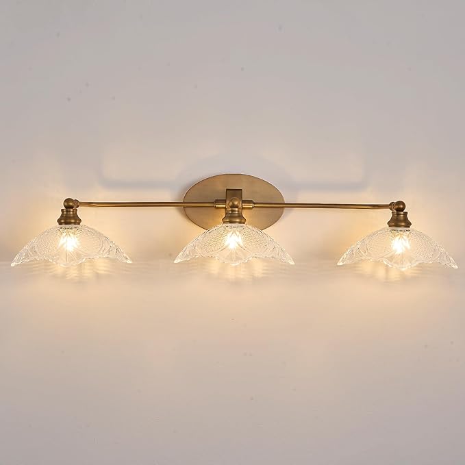 Vintage Bathroom Vanity Light Fixture, 3 Light Bathroom Vanity Light Length 33.85 inches Antique Brass with Crystal Glass Shade Antique Brass Vanity (E12 Bulb, Bulb not Included)