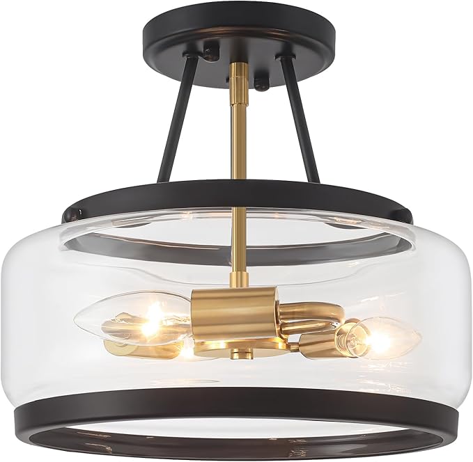 3-Light Semi Flush Mount Ceiling Light Modern Glass Drum Entryway Chandelier Black and Gold Hallway Lights Kitchen Ceiling Lighting Fixtures for Bedroom Foyer Laundry Bathroom Dining Room