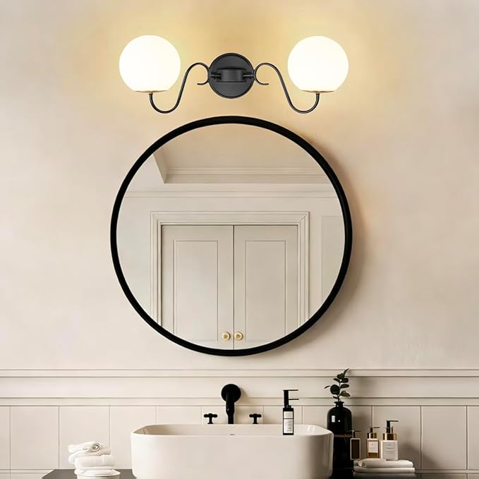 2 Lights Vintage Bathroom Vanity Light Fixtures Over Mirror, Matte Black Vanity Lights For Bathroom With Milk White Glass Globe Shade, Wall Lights For Bedroom, Hallway, Dressing Table(Includ G9 Bulbs)