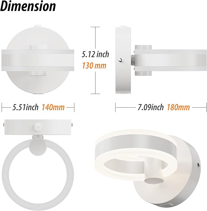 LED Wall Sconces with ON/Off Switch, White Rotatable Hardwired Wall Light Fixtures, Built in USB Charging Port, Modern Wall Decor for Bed Lighting.