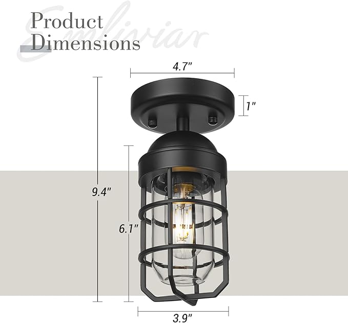 Emliviar 2 Pack Outdoor Ceiling Lights, Modern Industrial Semi Flush Light Fixtures with Clear Tempered Glass in Black Finish, GE255F-2PK BK