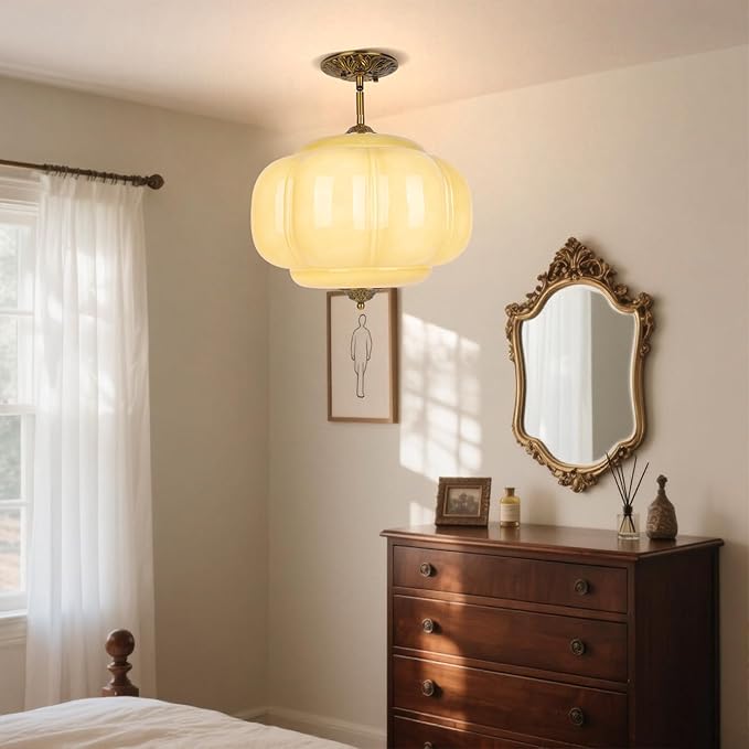 15in Green Milk Glass Ceiling Light, LED Bulb Included, Vintage Schoolhouse Semi Flush Mount Pendant Light Art Deco Chandelier for Kitchen Dining Room Hallway Bedroom, Antique Gold & Green