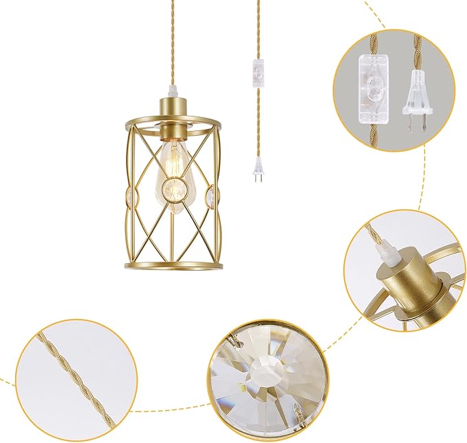 Plug in Industrial 2 Pack Farmhouse Pendant Light, Mini Cage Pendant Lighting in Gold Finish with Crystal, Adjustable Length Hanging Light Fixture for Hallway, Bedroom, Living Room, Kitchen