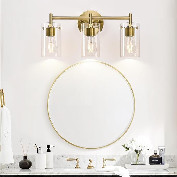 Indoi Bathroom Light Fixtures, 3-Light Brass Vanity Light, Black Bathroom Lights Over Mirror with Clear Glass Shade, Wall Sconces for Mirror Bedroom Living Room Hallway