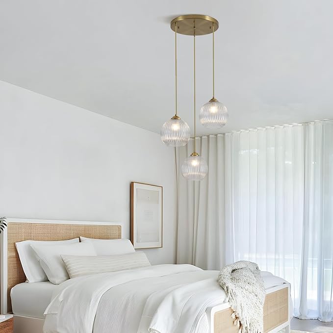 3-Light Pendant Light Fixtures Brushed Gold Kitchen Island Lighting Modern Clear Glass Cluster Pendant Lights Chandelier Adjustable Cord Antique Brass Hanging Light for Dining Room MPL30-3B