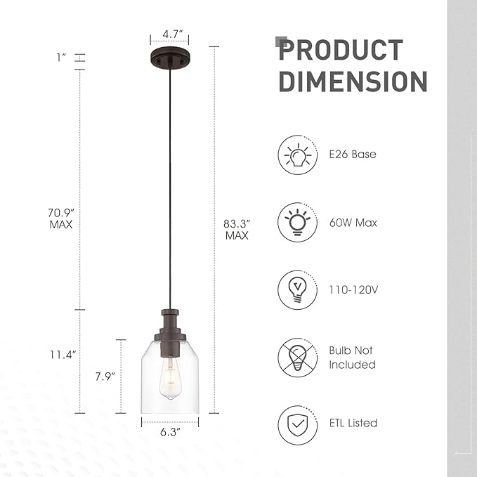 zeyu 2 Pack Farmhouse Hanging Pendant Lights Kitchen, Large Kitchen Pendant Lighting Over Island, Clear Glass Shade, Oil Rubbed Bronze Finish, ZG33M1L-2L ORB