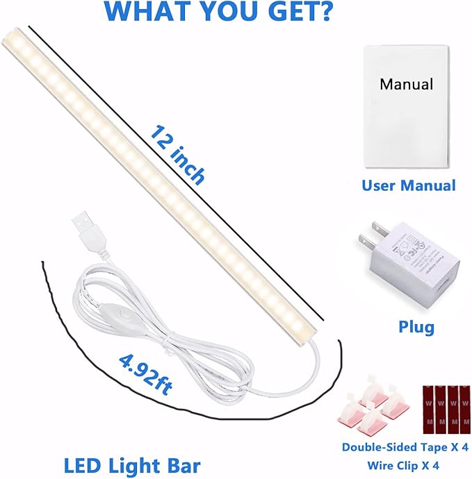 Under Cabinet Lights, 12 Inch Dimmable LED Under Cabinet Lighting, Natural White 4000K, Slim Under-Counter Light Fixtures with Memory Function, Under Counter Lights for Kitchen, Desk Light Bar