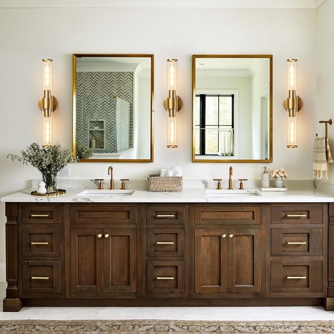 Gold Wall Sconce, Bathroom Light Fixtures in Clear Glass Indoor Wall Sconces, Modern Sconce Wall Lighting Up and Down Vanity Lights Fixtures for Bathroom,Living Room - Bulb Not Included