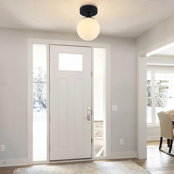 KCO Lighting Mid Century Modern Semi Flush Mount Ceiling Light Fixture White Globe Flush Mount Ceiling Light Farmhouse Black Ceiling Light Milk Glass Hallway Close to Ceiling Light