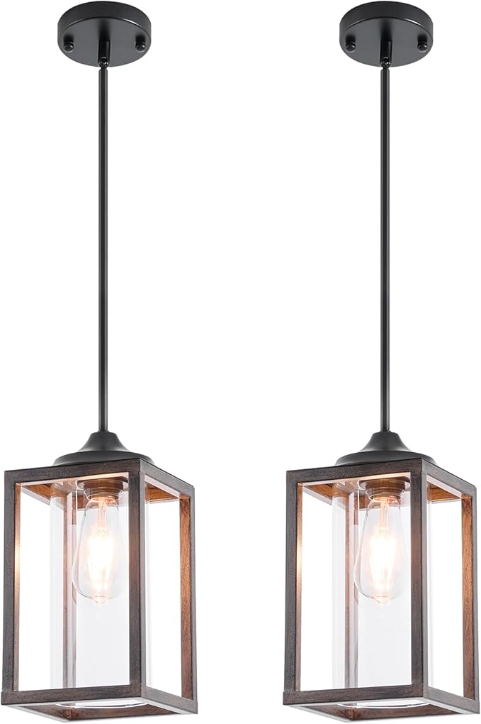 Farmhouse Pendant Light in Wood and Metal Cage, Rustic Pendant Light with Glass, Adjustable Hanging Light Fixtures, Mini Pendant Lighting for Kitchen Island, Hallway, Foyer (Square Brown-2 Pack)