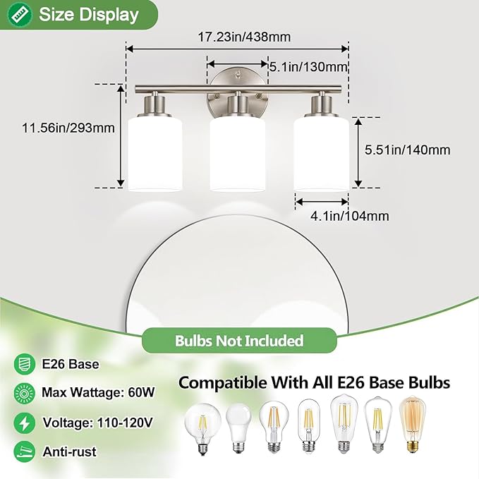 Zarbitta 3-Light Bathroom Light Fixtures, Brushed Nickel Vanity Light, Farmhouse Wall Lights with Milky White Frosted Glass Shades, Bathroom Wall Lamp for Mirror Kitchen Bedroom Hallway Living Room