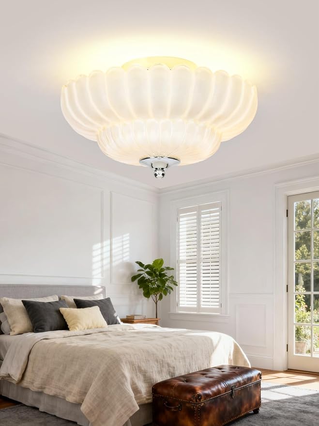 Modern White Ceiling Light Fixture, 12" White Glass Flush Mount Chandeliers, Semi Flush Mount Ceiling Light Fixture Suitable for Living Room Hallway Kitchen Bedroom
