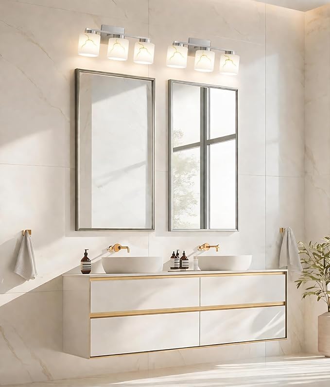 3-Light Brushed Nickel Bathroom Light Fixture, Modern Bathroom Vanity Light Over Mirror with White Marble Glass Shade, Wall Mounted Sconces Lighting for Bedroom Cabinet Kitchen Living Room