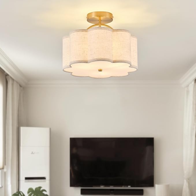 13.5" Semi Flush Mount Ceiling Light Fixture for Bedroom, 3-Light Flower-Shape Modern Close to Ceiling Light with Fabric Shade for Hallway Nursery Kitchen Island(Hemp-Color)