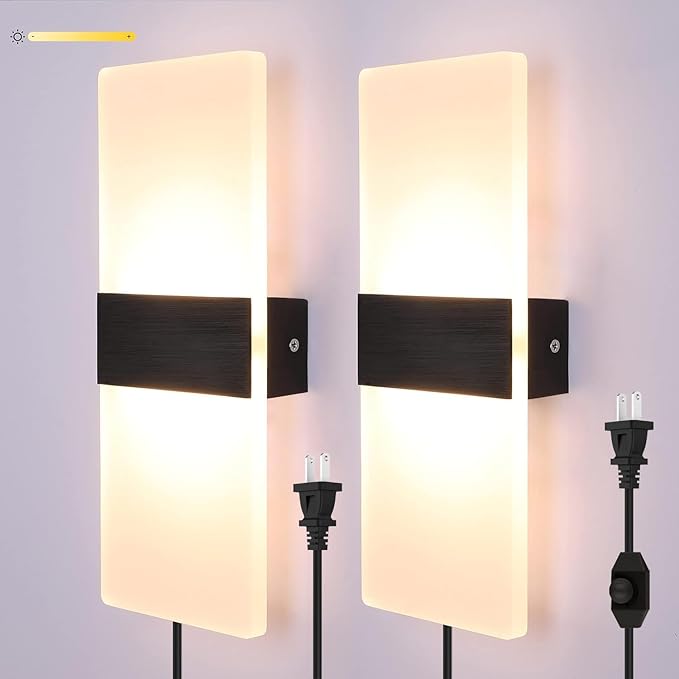 Lightess Plug in Wall Sconces Set of 2, Wall Lamp Plug in with 10%-100% Stepless Dimmable, 12W Acrylic LED Wall Lights for Bedroom Living Room