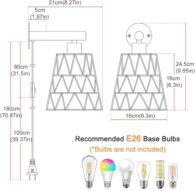 Boho Plug in Wall Sconce Set of 2 – Black Farmhouse Wall Lights with Rattan Shade | Bedroom & Living Room Plug in Wall Lamps for Sofa (5.9FT On/Off Switch Cord)