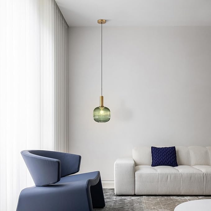BOKT Mid Century Modern Green Glass Pendant Light Large Gold Globe Kitchen Island Pendant Light Fixture Minimalist Anti Brushed Brass Round Ceiling Hanging Pendant Lamp (7.9" Green)