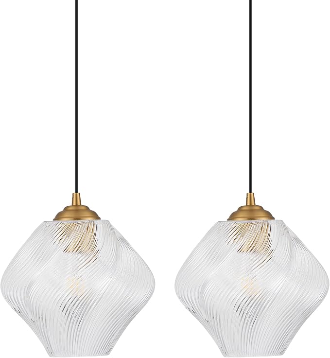 Glass Pendant Light Fixtures, Mid Century Modern Ceiling Hanging Lights with Height Adjustable, Brass Gold Pendant Lighting for Kitchen Island, Hallway, Dining Room, Bedroom (2 Pack)