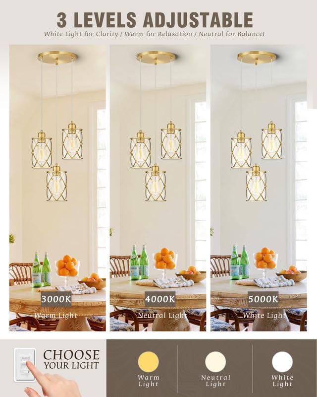 Brushed Gold Dining Room Chandeliers Light Fixtures, Modern 3-Light Pendant Lighting with Clear Glass, Farmhouse Cluster Kitchen Hanging Lights for Sink Bedroom, CH9176BG3