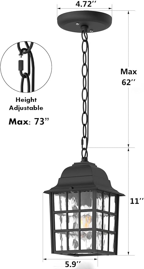 Outdoor Pendant Light 2 Pack, Exterior Ceiling Hanging Lantern Porch Light with Water Glass, 1-Light Outdoor Hanging Lantern Light Black Exterior Pendant Lighting Fixture for Porch