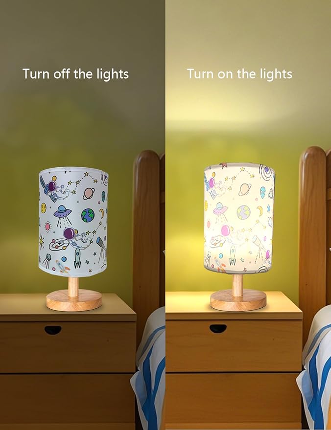 Astronaut Kids Table Lamp, Astronauts Room Decor for Boys,3 Level Dimmable Wood Nightstand Desk Base Flaxen Fabric Shade for Bedroom Living Room,Astronauts Gifts for Boys