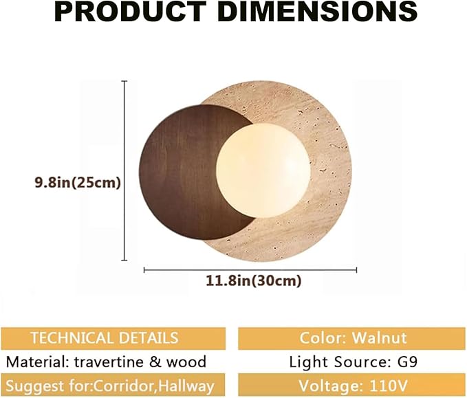 Natural Travertine Wall Sconce, Minimalist Walnut & Stone Wall Light with G9 LED Bulb, Modern Geometric Globe Wall Lamp for Bedroom Bedside, Hallway, Living Room, Warm Organic Decor