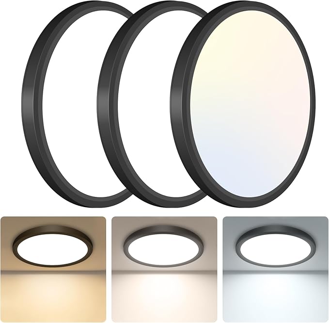 libtit 3Pack 7 inch Flush Mount Ceiling Light, 15W 1500Lm Surface Mount LED Light Fixture,3000k/4000k/6500k Color Selectable, Black Thin Flat Round LED Lamp for Bathroom Kitchen Laundry LivingRoom