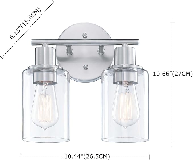WISBEAM 2-Light Bathroom Vanity Light, Brushed Nickel Bathroom Light Fixtures Over Mirror with Clear Glass Shade Including E26 Medium Base, Bulb NOT Included