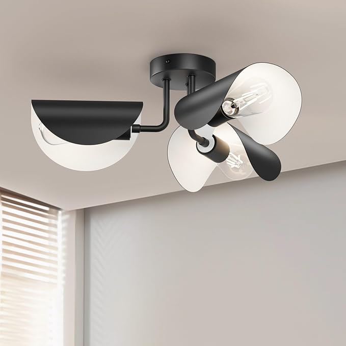 Aipsun Black Semi Flush Mount Ceiling Light, 3 Lights Modern Retro Ceiling Lighting with Black Adjustable Shades for Hallway, Dining Room and Bedroom