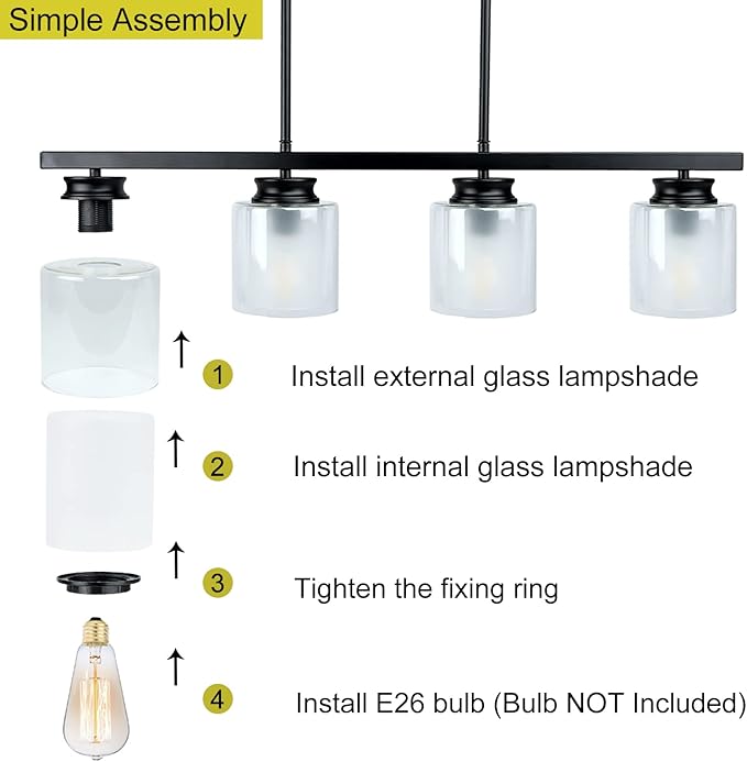 DLLT Kitchen Island Pendant Light Fixture, 4 Lights Metal Farmhouse Chandeliers, Vintage Flush Mount Ceiling Hanging Lighting with Glass Shade for Dining Room, Foyer, Restaurant, Bar, E26 Base