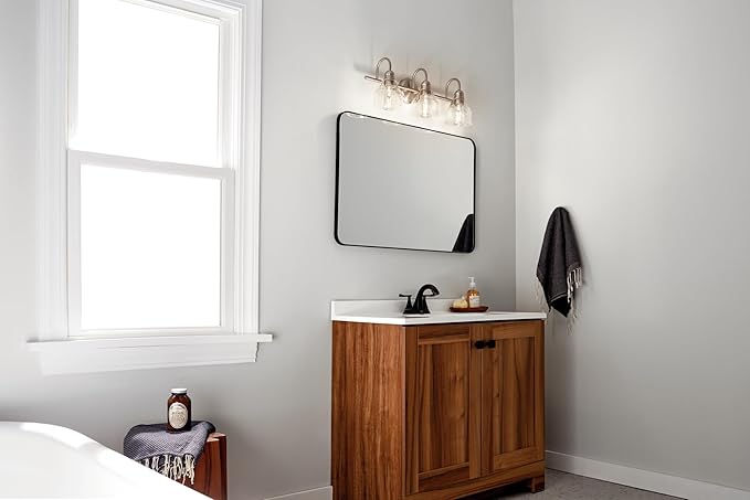 Kichler Avery 24" Vanity Bath Light in Brushed Nickel, Vintage 3-Light Bathroom Wall Mount Fixtured with Clear Seeded Glass, (24" W x 9.25" H), 45973NI