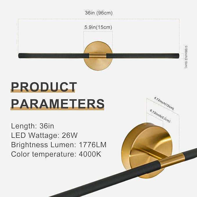 Modern Bathroom Light Fixtures Over Mirror 36 Inch, 26W 360° Rotatable Dimmable 4000K Led Vanity Light Bar, Black and Gold Bathroom Vanity Lights Above Mirror