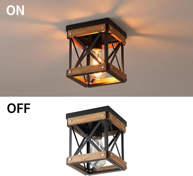 Rustic Farmhouse Wood Flush Mount Ceiling Light Fixture Oak Wood and Metal Square Cage Small Semi Flush Mount Ceiling Light for Kitchen Hallway Entryway Bedroom Farmhouse Country, Black